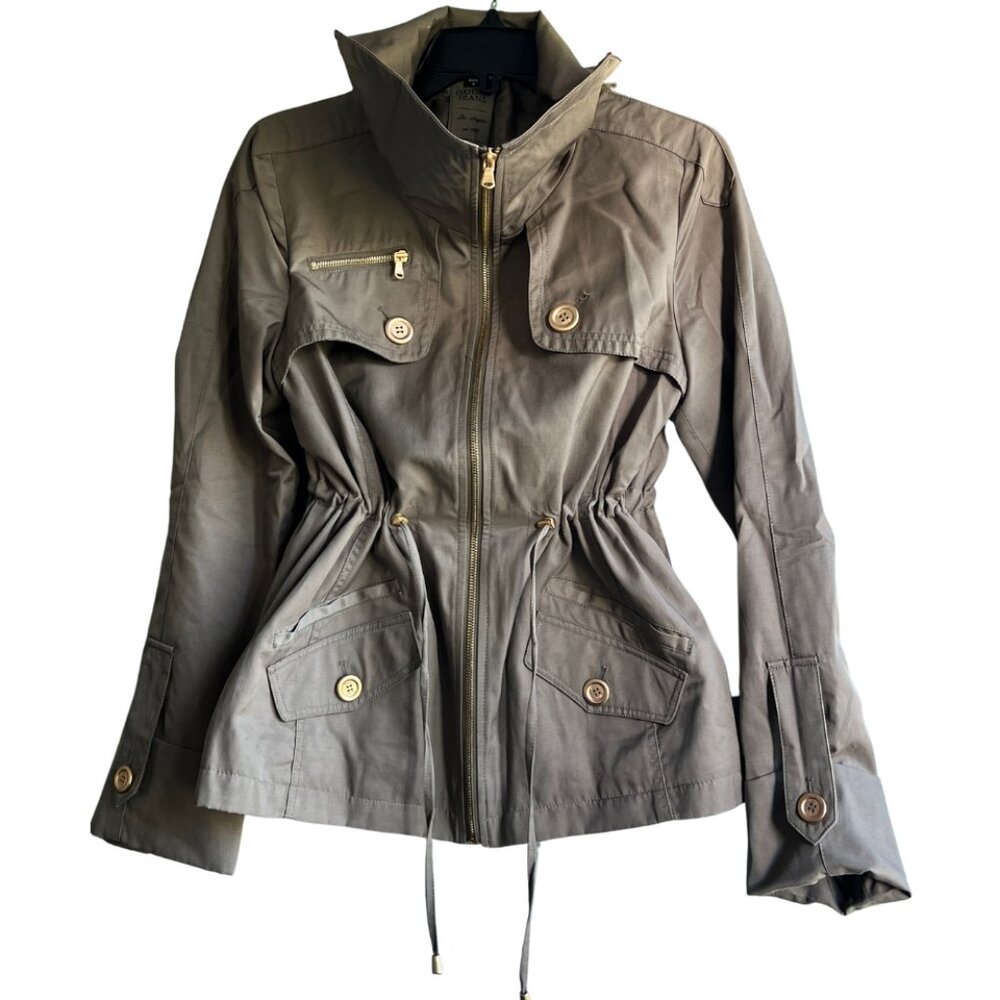 Guess Jeans Olive Green Utility Short Trench Coat Adjustable Cinch Waist Size M